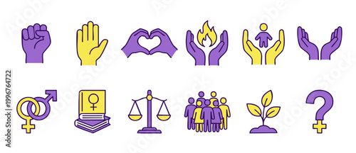 Human Rights and Gender Equality Icons Set for Social Justice Advocacy and Diversity Concepts, including symbols for protest, community support, legal balance, and empowerment in a modern flat vector