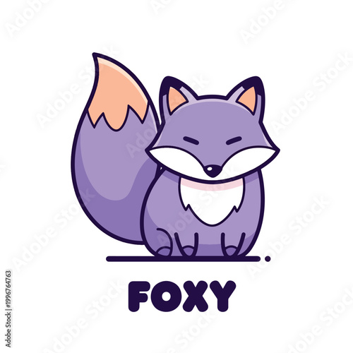 Cute cartoon purple fox mascot design with Foxy text.
