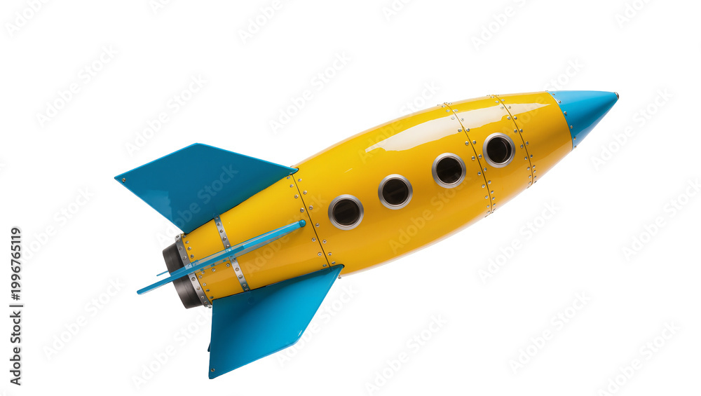 Fototapeta premium Yellow and blue toy rocket ship with round windows, isolated on transparent background