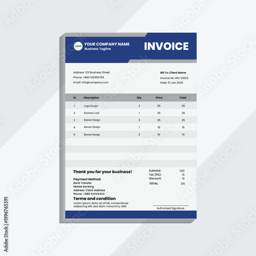 A modern and professional invoice template design featuring a clean layout, minimal typography, and corporate branding style. This design is ideal for businesses, freelancers, agencies, and startups l
