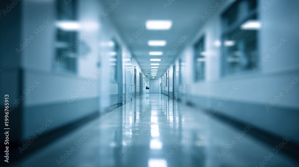 Fototapeta premium Long hallway in a building with fluorescent lights
