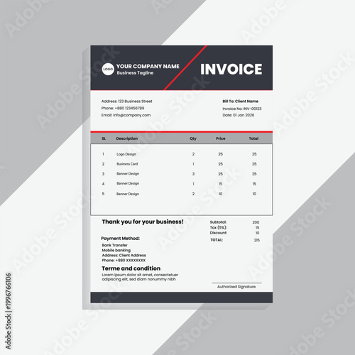 A modern and professional invoice template design featuring a clean layout, minimal typography, and corporate branding style. This design is ideal for businesses, freelancers, agencies, and startups l