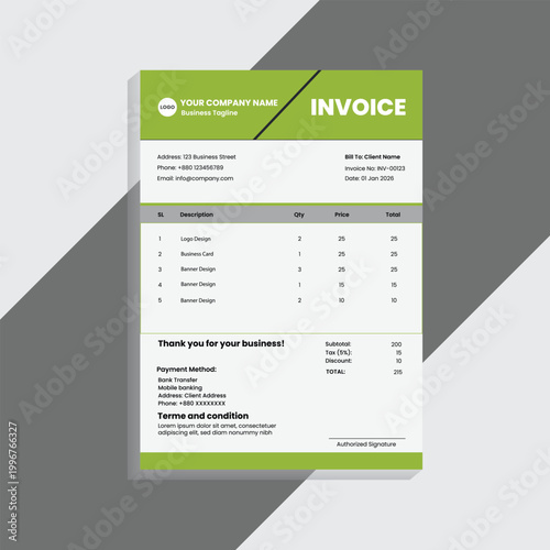 A modern and professional invoice template design featuring a clean layout, minimal typography, and corporate branding style. This design is ideal for businesses, freelancers, agencies, and startups l