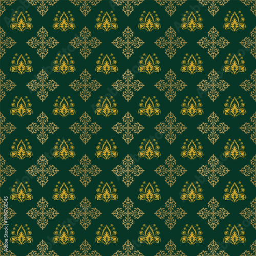Elegant green and gold seamless damask pattern with vintage floral ornaments. Luxury decorative background for wallpaper, fabric, textile, packaging and premium surface design.