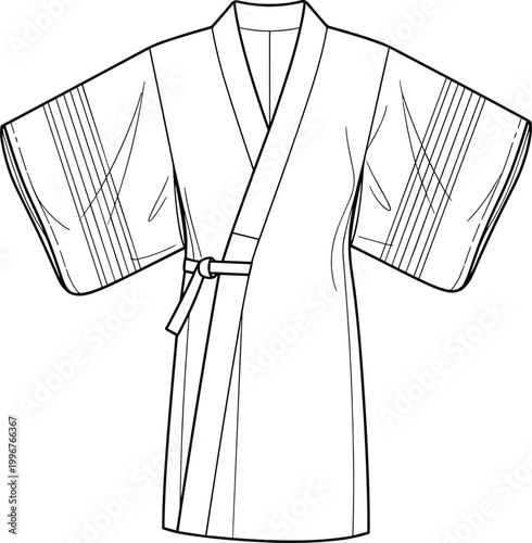 Japanese Kimono Robe Technical Fashion Flat Sketch Illustration Featuring Wide Sleeves and Waist Tie for Spa Lounge or Traditional Wear