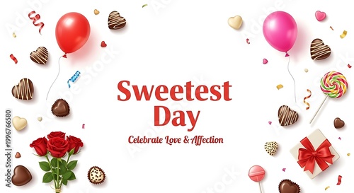 Sweetest Day Celebration with Chocolate, Balloons, Roses, and Gift Box on White Background