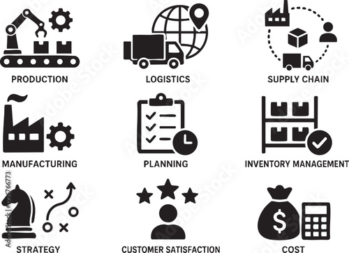 Operations management icon set. Containing production, logistics, supply chain, manufacturing, planning, inventory management, strategy, customer satisfaction and cost icons