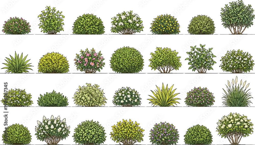 Naklejka premium Set of shrubs and bushes in elevation view for use in architectural drawings