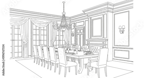 Elegant formal dining room with large table line drawing