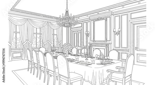 Elegant formal dining room sketch with chandelier and fireplace