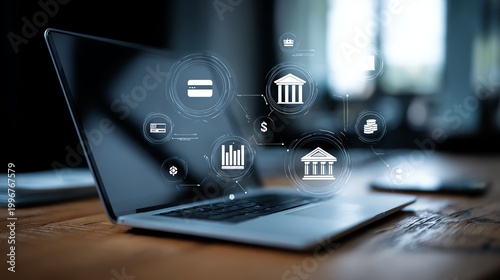A sleek laptop with digital icons representing finance and banking, illustrating modern technology's impact on commerce and online transactions, enhancing productivity and efficien