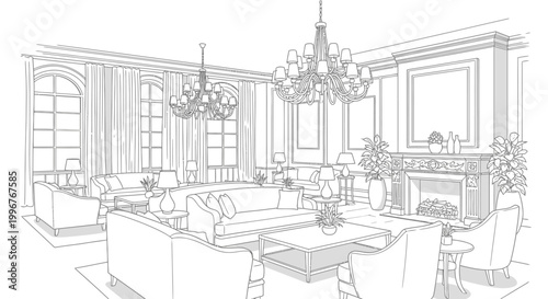 Elegant living room line drawing with chandeliers and fireplace