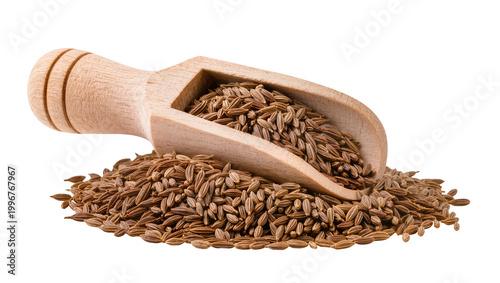 Tableau sur toile Wooden scoop filled with caraway seeds, isolated on transparent background