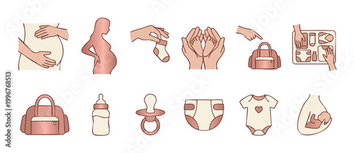 Pregnancy and Baby Care Icons Set, Maternity Symbols, Baby Essentials, Newborn Icons for Parents, Birth Announcement Graphics, Rose Gold Outline Illustrations for Baby Shower and Maternity Planning