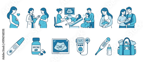 Pregnancy and Maternity Care Icon Set, Prenatal Checkups and Newborn Care Illustrations, Blue Line Art Graphics for Healthcare, Medical Consultation, Baby Shower, Birthing Preparation and Postnatal Su