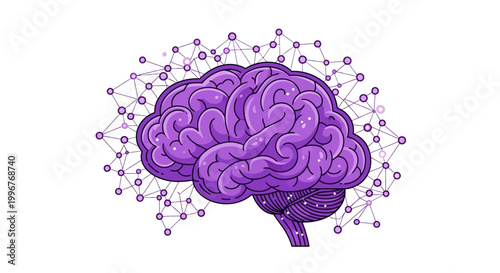 Purple Brain with Floating Bubbles Illustration.