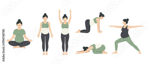 Pregnant woman yoga poses set for prenatal fitness exercise routines. Diverse vector collection showing maternity wellness, calm meditation, flexibility training, and healthy pregnancy stretching posi