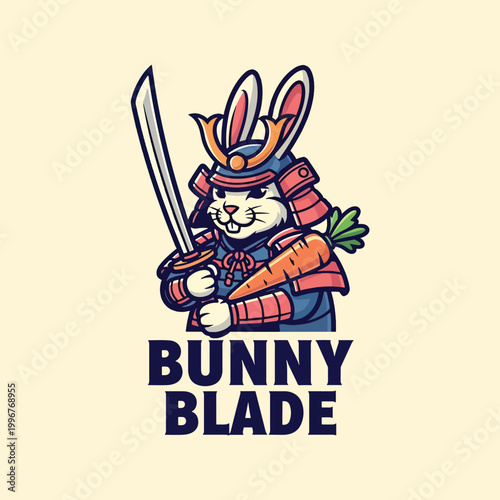 Samurai Rabbit Warrior Character Holding A Katana Sword And A Carrot Mascot Logo.