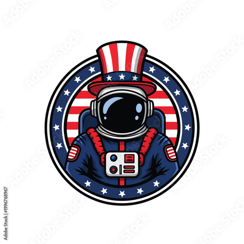 Patriotic American Astronaut Mascot Character Wearing Uncle Sam Top Hat.