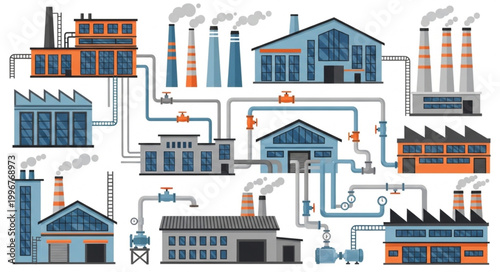 Industrial Factory Complex With Smokestacks And Pipes.