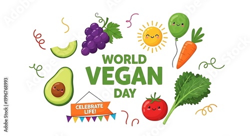 World Vegan Day Celebration with Fresh Fruits, Vegetables, Sun, and Balloon