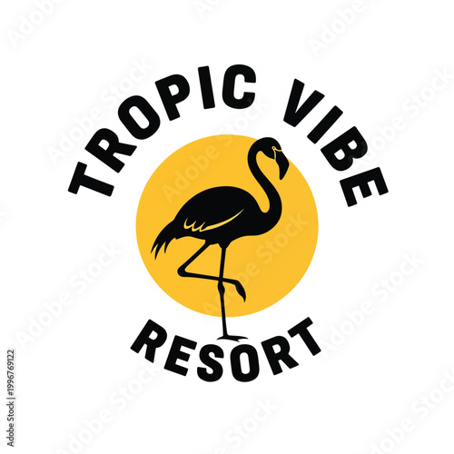Tropic Vibe Resort logo with a black flamingo silhouette and yellow sun.