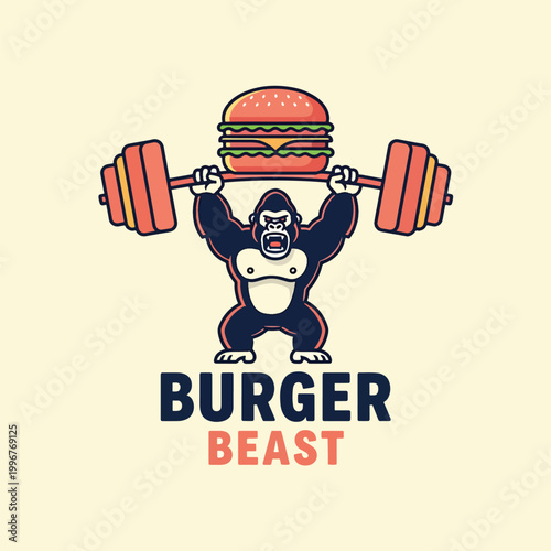 Strong Gorilla Lifting a Hamburger Barbell Logo Design.