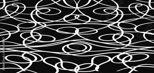 White Oval pattern hand drawn design on Black background illustration. Seamless whimsical abstract hand drawn graffiti scribble pattern or freestyle swirl motif. Monochrome, vector illustration.