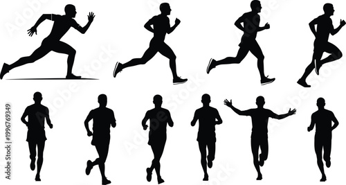Set of running man silhouettes showing sprinting jogging and fitness activity isolated on white background for sports design