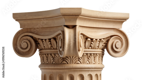 Fotografija Ornate wooden Ionic column capital with detailed carvings, isolated on transpare