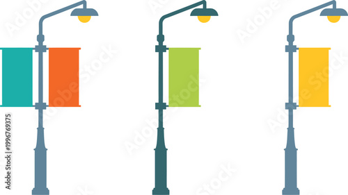 Three modern flat design street lamps featuring blank teal orange green banners and a yellow rectangular signboard, minimalist city lighting vector illustration for outdoor advertising signage mockups