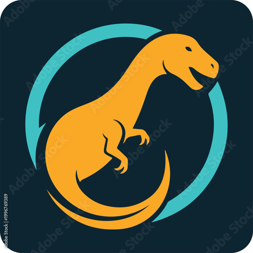 Orange Tyrannosaurus Rex dinosaur in a blue circular graphic, simple logo