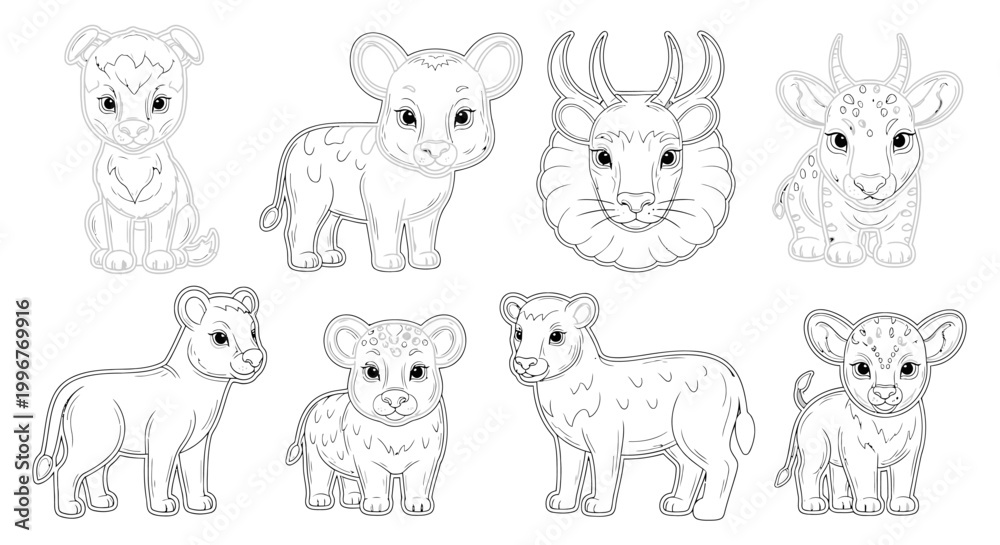 Obraz premium Eight cartoon lion cubs in various poses and expressions on white background