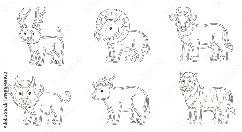 Obraz premium Six cartoon animals with horns on white background line drawings of wildlife