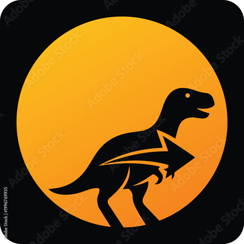 Black dinosaur silhouette with orange lightning bolt and sun graphic