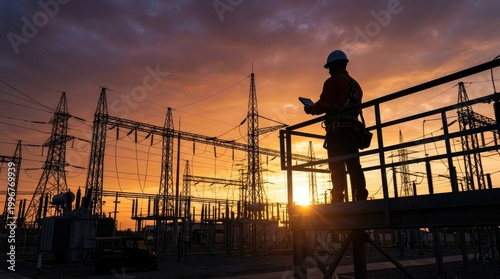 A lone worker stands on a platform overlooking an electrical substation at sunset. He is examining a tablet, likely reviewing data or monitoring equipment.