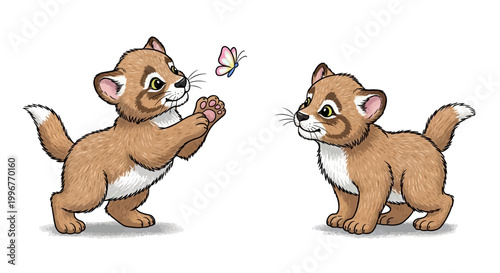 Two cute cartoon kittens play with butterfly outdoors in sunny day