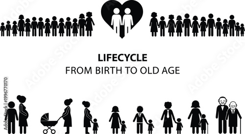 Human lifecycle illustration showing stages from birth to old age with family silhouettes growth aging concept in black vector icon design style