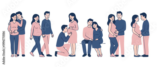 Pregnant Couple Set Flat Illustration Collection, Happy Expecting Parents Characters In Love, Husband And Wife Bonding Moments, Maternity Concept For Pregnancy Announcement, Parenthood And Family Life
