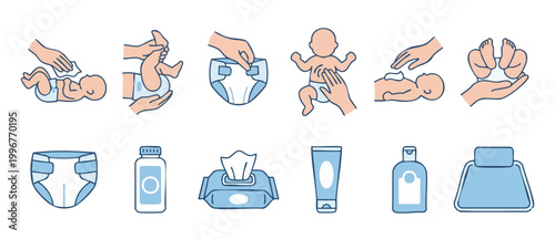 Baby Diaper Change Icons Set, Newborn Care Routine Instructions with Hygiene Products and Diapers, Outline Vector Illustration Pack for Parenting Guides, Healthcare Supplies, and Daily Infant Grooming