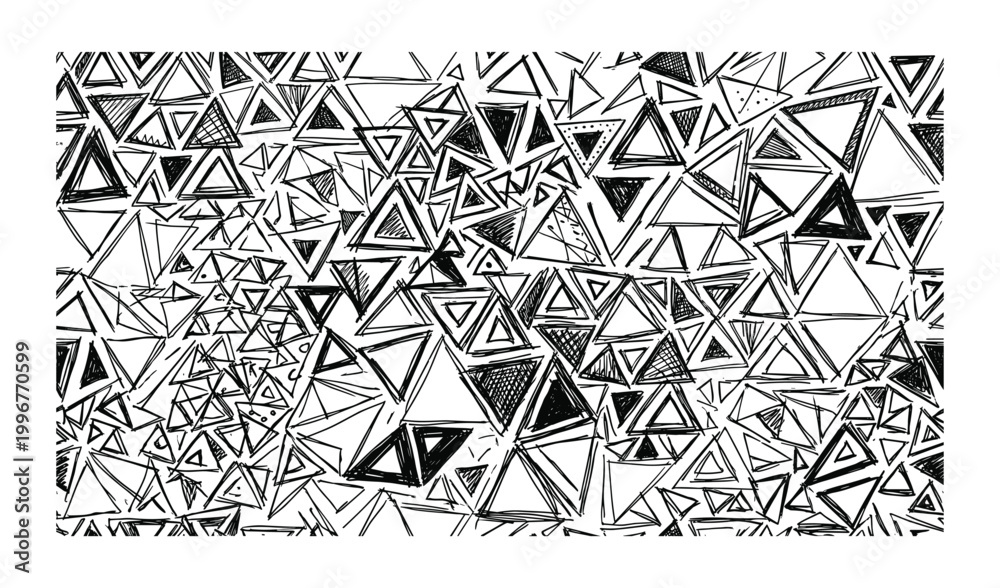 Fototapeta premium Hand drawn abstract background of many triangles in black and white sketch style.