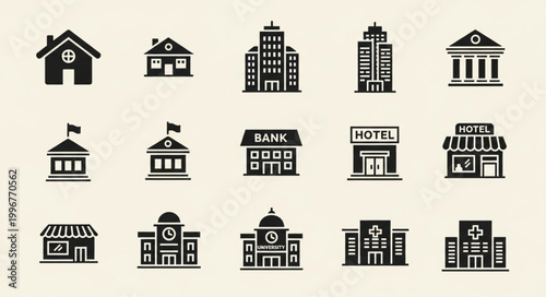 Collection of Building Icons Representing Various Institutions.