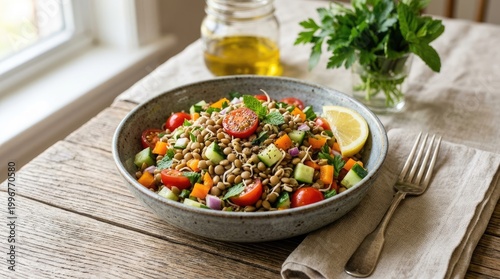 A bowl of lentil salad sits on a rustic wooden table. The salad contains lentils, diced tomatoes, carrots, cucumbers, and red onion.
