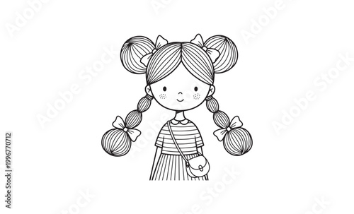 Charming sketch of a young girl with pigtails and a sweet expression