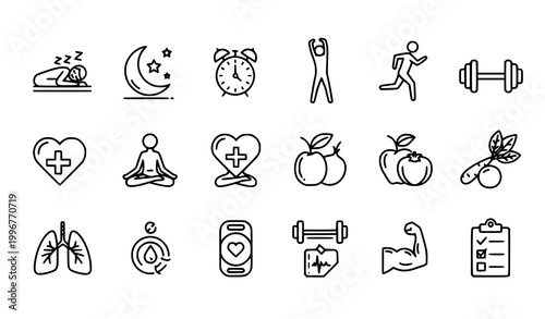 wellness, healthy, lifestyle, routine, sleep, cycle, fitness, nutrition, health, exercise, breathing, meditation, yoga, hydration, vitamin, tracking, smartwatch, steps, energy, balance, icon, line, ou