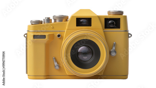 Photography Retro yellow film camera with silver dials and levers, isolated on transparent b