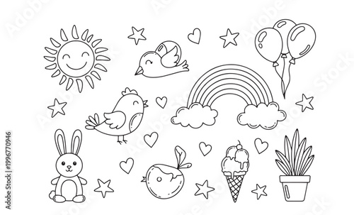 Charming doodle set sun rainbow animals and sweet treats