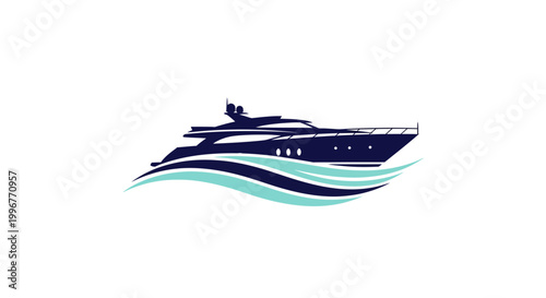 Sleek Luxury Yacht Cruising on Stylized Ocean Waves.
