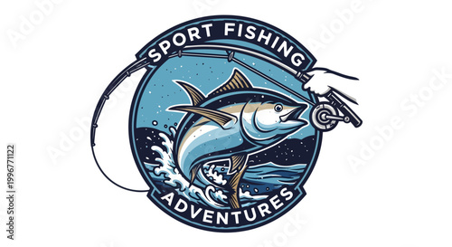 Sport Fishing Adventures Logo with Tuna Fish Jumping Out of Water.
