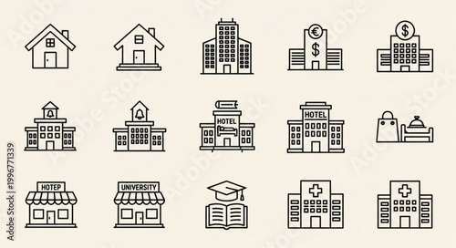 Collection of various building icons representing different institutions and businesses.